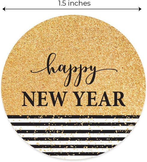 Happy New Year Stickers, 500 Labels, Black & Gold Faux Glitter Sticker