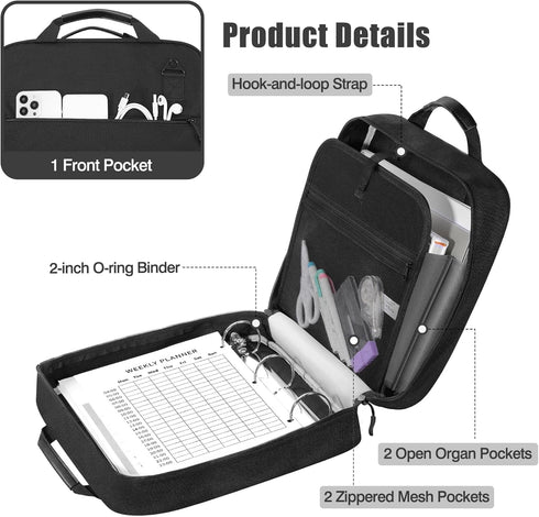 MoKo Zipper Binder, 2 Inch 3 Ring Binder with Zipper, 500 Sheets Capacity, Multi-Pocket Organizer, Black