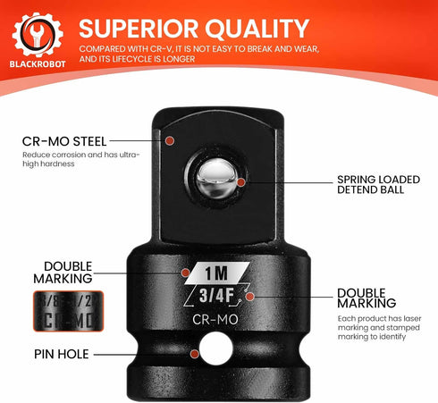3/4 F to 1 M Impact Socket Adapter, Cr-Mo Steel, Square Drive Reducer for Impact Driver Wrench Exceeds ANSI Standards.