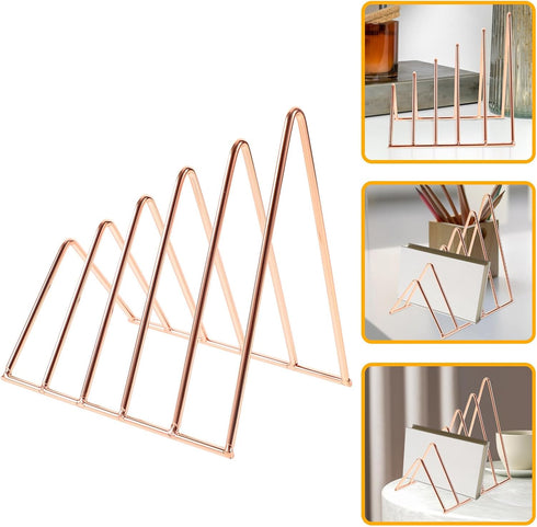 FOMIYES Rose Gold Iron Bookends Desk Organizer Triangular File and Book Stand Decorative Desktop Storage Rack
