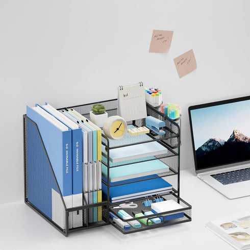 Desk Organizer with File Holder, 5-Tier Paper Letter Tray with Sliding Drawer and 2 Pen Holders, Mesh for Office