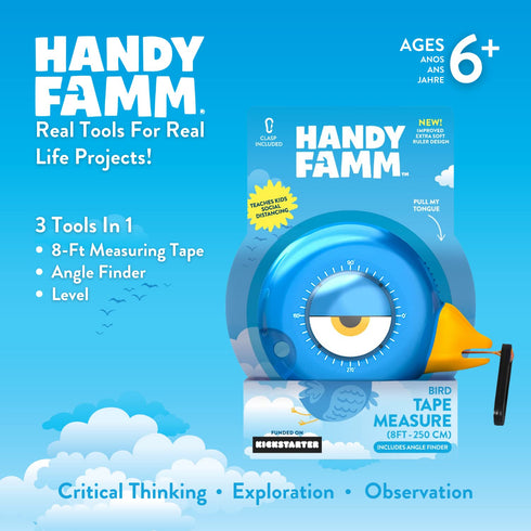Famm 8ft 3+ Handy Blue Bird Tape Measure for Kids STEM Educational Tool with Level, Protractor, Retractable Design