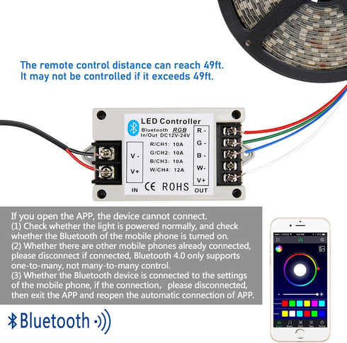 LIVE4COOL RGB/RGBW LED Bluetooth Controller for 5050 3528 RGB LED Strip Lights, Phone APP Control