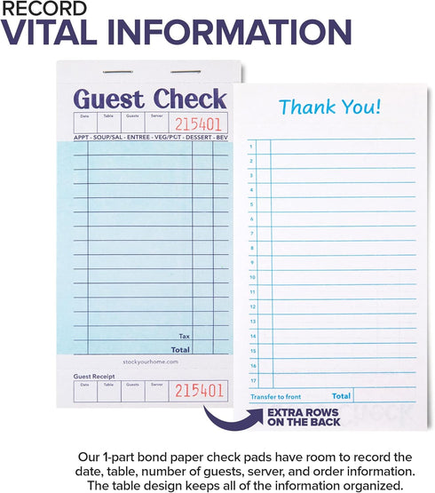 (5 Pack) 250 Stock Your Home Blue Guest Check Books for Servers Server Note Pads, Waiter Checkbook, Food Receipt Book