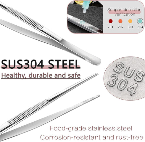 Joyangy 3pcs 8 10 12 Inch Stainless Steel Tweezers Tongs Kit, Extra Long Straight Tweezer, Serrated Tip Multi-Purpose