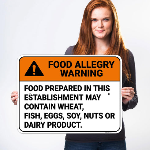 18x24 Inches, 55 Food Prepared in This Establishment May Contain Wheat Fish Eggs Soy Nuts Or Dairy Sign, mil Thick HDPS