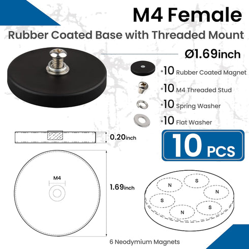 10Pack M4 ULIBERMAGNET Anti-Scratch Neodymium Magnet with Rubber Coated and Female Thread,Super Strong Magnetic
