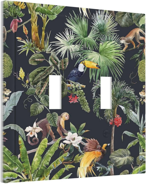 Decorative Palm Trees Double Toggle Light Switch Cover - Floral Tropical Jungle Animals 2 Gang Wall Plate for Home Decor