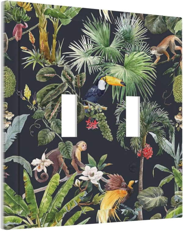 Decorative Palm Trees Double Toggle Light Switch Cover - Floral Tropical Jungle Animals 2 Gang Wall Plate for Home Decor