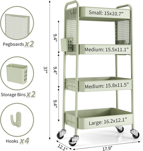 4 TOOLF Tier Rolling Cart with Pegboard, Metal Storage Organizer Cart with Wheels, Hooks & Bins Esthetician Craft Art