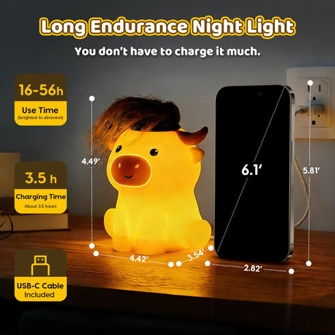 Dimmable 20 Amaredom Highland Cow Night Light, Cute Silicone Cow Lamp, Rechargeable LED Bedside Lamp with Minutes Timer