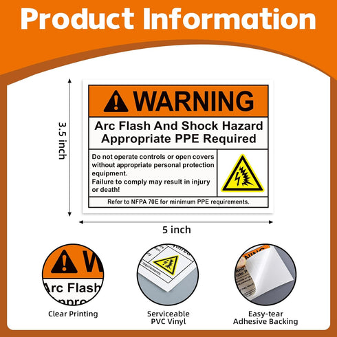 Novabright 10 Pack 5 3.5 Inch WARNING Arc Flash and Shock Hazard Appropriate PPE Required Label x Electrical Hazard