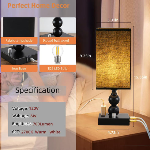Dimmable Bulb Bedside Table lamp with Charging Station, Small end Desk Nightstand Lamps with USB Ports and outlets