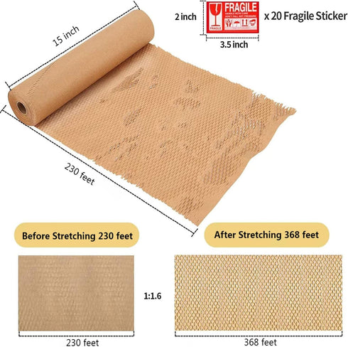 Honeycomb Packing Paper Roll, 15"x230' Biodegradable Cushioning Bubble Wrap for Moving and Shipping with 20 Fragile