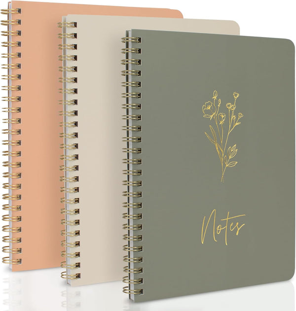 ZICOTO Aesthetic Spiral Notebook Set of 3, Cute College Ruled 8x6 Journal with Large Pockets and Lined Pages
