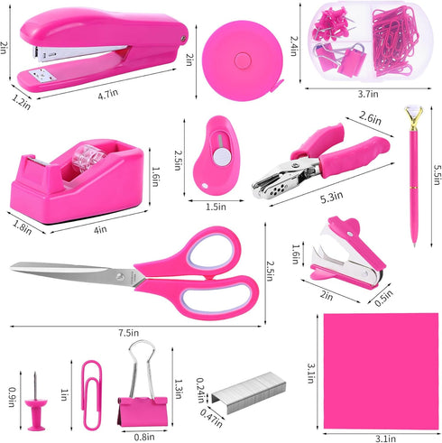 Hot Pink Desk Accessory Kit Cute Office Supplies Set Desktop Stapler Set includes Staple Remover Hole Punch Tape Dispenser Ballpoint Pen Scissor Mini Box Cutter Tape Measure Paper Clips Sticky Notes by Kogcmeetl