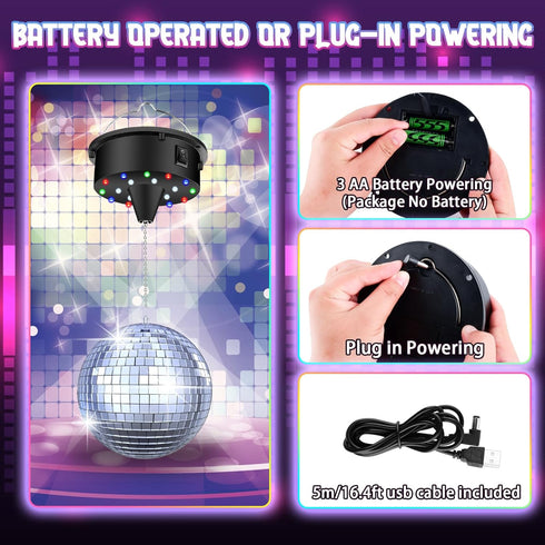 YCCOKJJ 10RPM 6Inch 18 4 70s Disco Ball with Motor and Mirror Ball Plug/Battery Operated Disco Motor with LED Beads