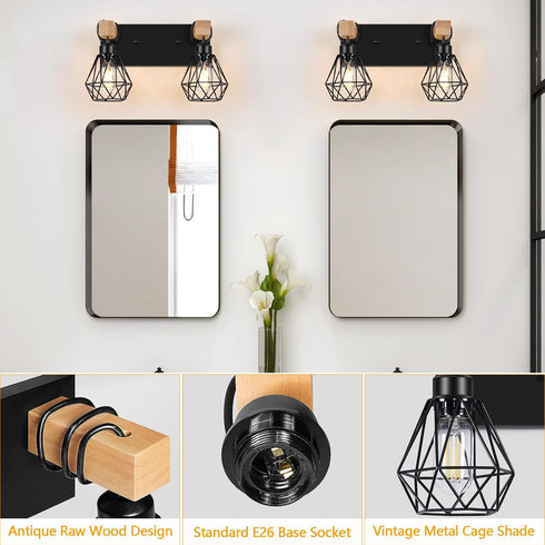 2-Light Bulbs FadimiKoo Rustic Style Wood Bathroom Wall Sconce, Farmhouse Vanity Lighting Fixture fopr Bathroom