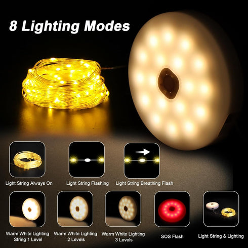 4 1 42ft 3600mAh 8 Camping String Light in Retractable Solar /USB Rechargeable Waterproof Hanging Outdoor Camping