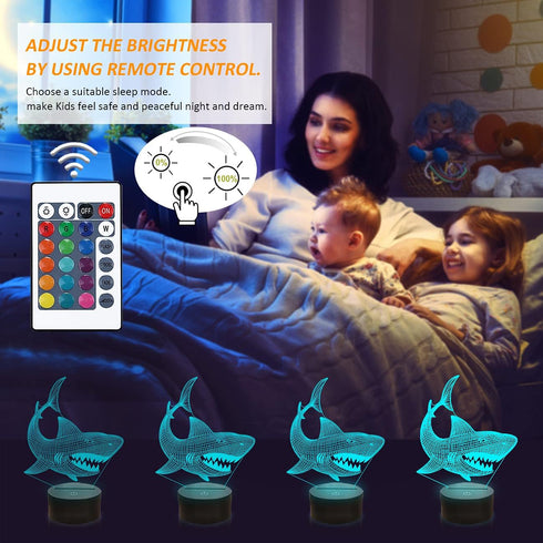3D 16 FULLOSUN Shark Illusion Night Light Animal Touch Table Desk Lamp, with Remote Control Colors Optical USB LED
