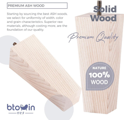 Btowin VCF 8 inch 20cm 4Pcs 5/16'' / Ash Wood Furniture Legs, Mid-Century Modern Wooden Pyramid Replacement Feet
