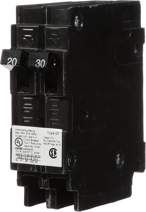 Siemens Q2030 One 20-Amp and One 30-Amp Single Pole 120V Circuit Breaker