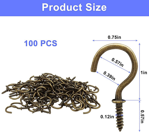 Zorfeter 100 PCS Metal Screw Hooks, Bronze Cup Hooks Ceiling Hooks, Screw-in Hooks for Hanging Plants/Outdoor String