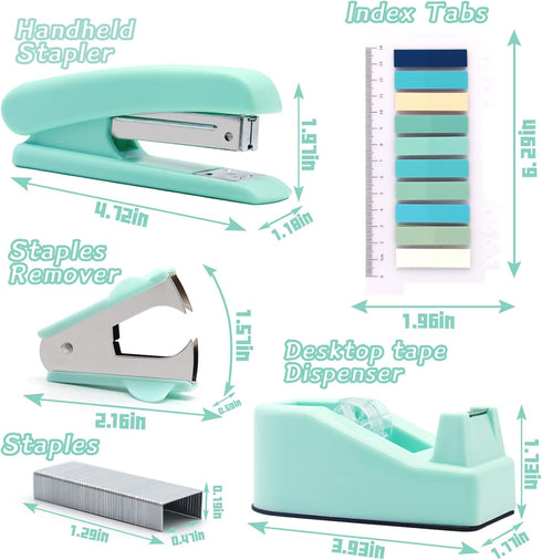 Green Office Supplies,UPIHO Teal Desk Accessories,Stapler and Tape Dispenser Set for Women with Stapler,Tape Dispenser,Staple Remover, Staples, Clips, Scissor and Tabs for Students, Office Clerks by UPIHO