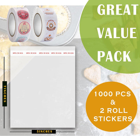 1000 Count 5"x7" 2 Packaging Resealable Cellophane Bags with Styles of Thank You Stickers Self Sealing Clear