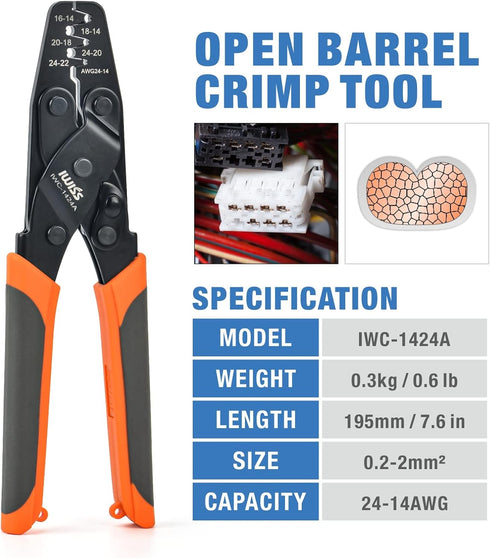 iCrimp IWC-1424A Crimping Tools for Deutsch DT Series Stamped & Formed Contact, Open Barrel Terminal Crimping Tool, AWG14 to AWG24 Wire Crimper by IWISS