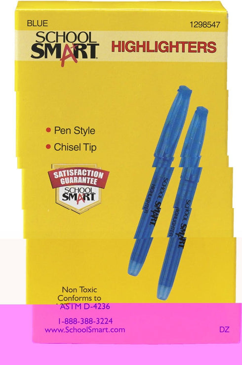 School Smart Pack of 12 Highlighters, Pen Style, Chisel Tip, Blue