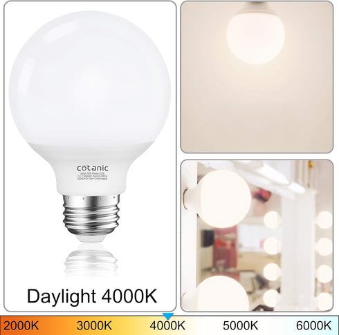 Cotanic G25 LED Globe Light Bulbs, 5W Vanity Light Bulb (60W Equivalent), Daylight 4000K, E26 Medium Base, Pack of 4