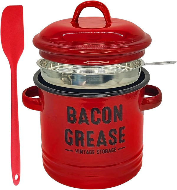 Enamel Grease Container for Bacon and Cooking Oil, with Strainer and Spatula,