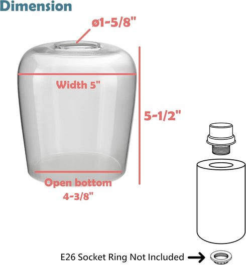 Aspen Creative 23531-60-1, 5" 5-1/2" 1 Pack Clear Glass Shade for Lighting Fixture/Vanity Light/Wall Light, Size: D x