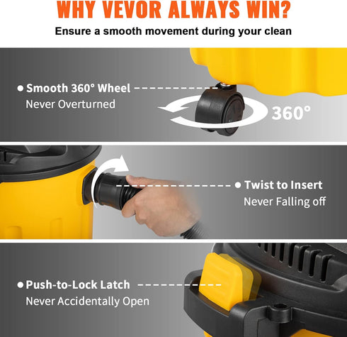 VEVOR Wet Dry Vac, 2.6 Gallon, 2.5 Peak HP Portable Shop Vacuum with Blowing Function, Attachments Storage,