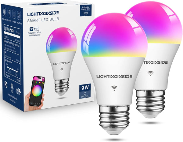 Smart Light Bulbs 60W Equivalent, 800LM 9W WiFi Bulb, A19 E26 Color Changing, 2.4GHz WiFi, 2PCS