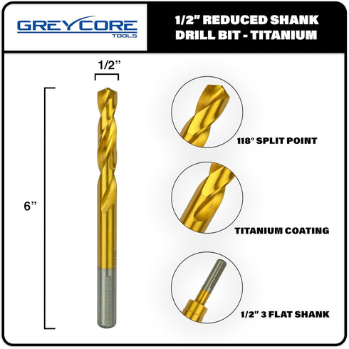 Tools 1/2 Inch Reduced Shank Drill Bit, 1/2" 3-Flat Shank, High Speed Steel with Titanium Coating for Steel, Iron, Wood