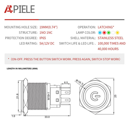 APIELE 19mm Latching Push Button Switch, 3/4" 12V Power Symbol Car Metal with Socket Plug, 1NO1NC SPDT ON/Off, Red