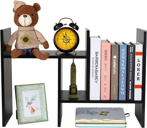 PAG Adjustable Desktop Shelf Wood Small Bookshelf Desk Supplies Organizers and Accessories Storage Display Rack, Black