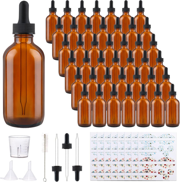 42 Pack 4oz Amber Glass Bottles with Glass Eye Droppers for Essential Oils, Perfumes, Lab Chemicals, Extras Included