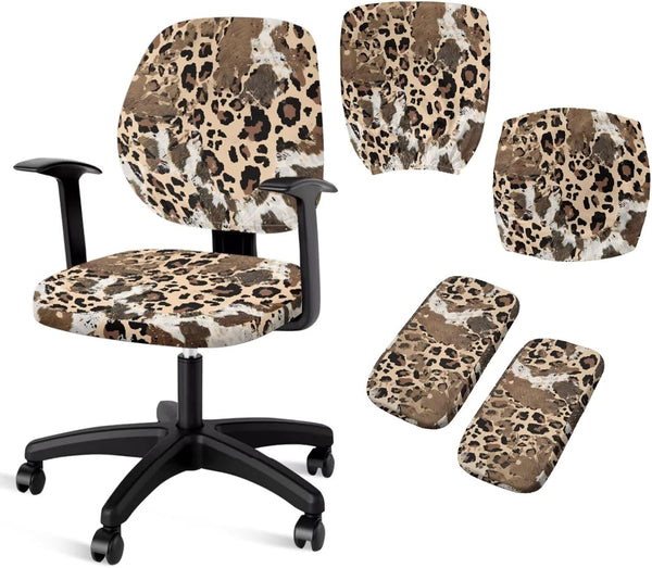 Cugasmaru Brown Leopard Office Chair Covers 4-Pc Set with Office Chair Arm Pads