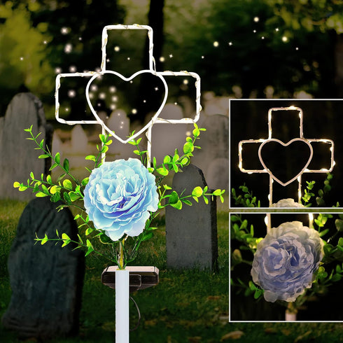 16 Inch Solar Cross Garden Stake Lights with 1 Artificial Flower, Metal Garden Art for Patio Lawn Decor