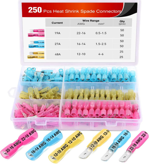 Nilight - 50027R 250 PCS Heat Shrink Spade Connectors, Fully Insulated Male and Female Wire Spade Terminals