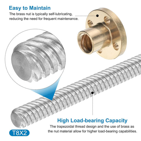 uxcell 2 Pcs 100mm / 4 Inch Tr8x2 Stainless Steel Lead Screw with T8 Brass Nut for 3D Printer Z Axis, CNC