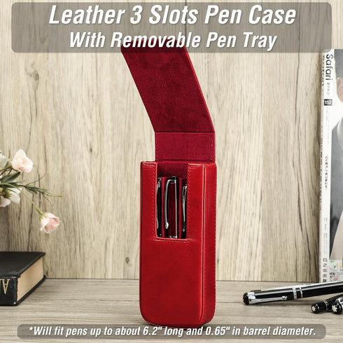 Top Grain Genuine Leather 3 Pen/Pencil Tray Case Holder, Handmade, Magnetic Closing, Glossy Red, 3 Slots, No Logo