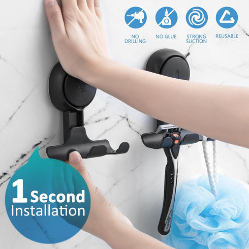 TAILI Shower Razor Holder Suction Cup 2 Packs, Heavy Duty Reusable Vacuum Suction Razor Hook, Bathroom Wall Hooks for Razor Towel Robe, Black by TAILI