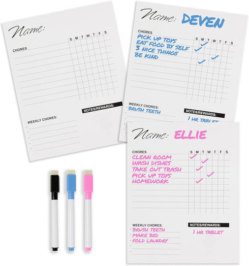 Dry Erase Chore Chart for Kids Multiple Kids | Set of 3 (11x14 Inch) Magnetic Responsibility Chart for Kids | 3 Dry Erase Markers Included | Chores Chart for Kids, Teenagers, or Adults | Chore Board by Sweetpea & Maple