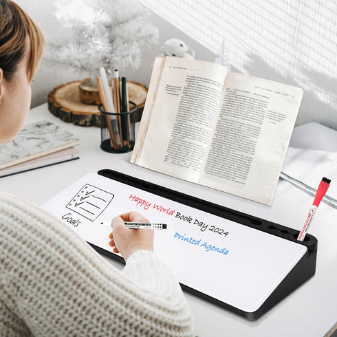 DOLLAR BOSS Small Glass Desk Whiteboard with Storage Drawer, Desktop Dry Erase Board, Office Supplies with 4 Markers