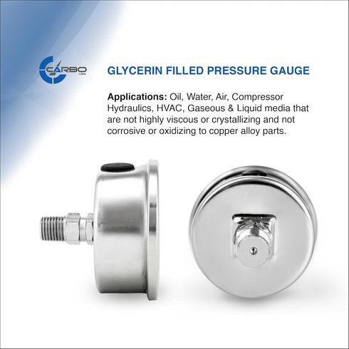 2 1-2" Pressure Gauge, Stainless Steel Case, Chrome Plated Brass Connection, Liquid Filled, 0-160 psi/kPa, Back Mount