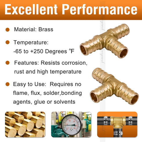 1/2 Inch PEX Tee Fitting, Brass Coupling for Water Pipes, 12 Pcs Quick Press Barb into Crimp Ring